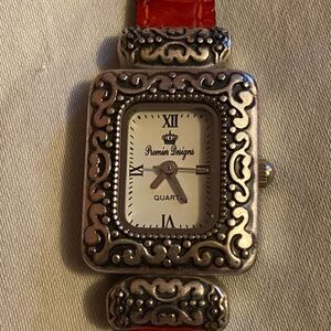 Premier Designs Ornate Silver Watch with Red Strap